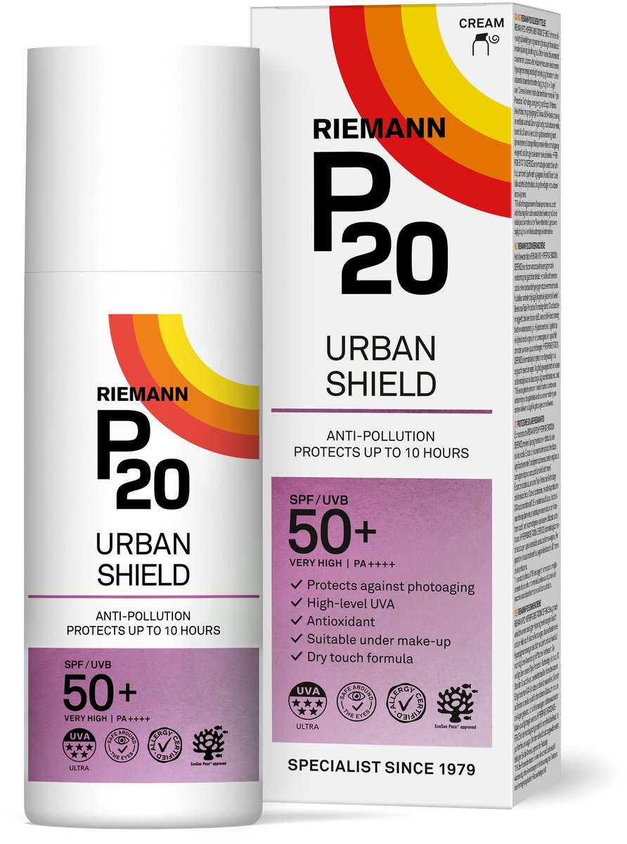 P20 Urban Shield SPF 50+ - Zonnebrand voor gezicht en hals - Bescherming tegen luchtvervuiling en vroegtijdige huidveroudering door de zon - Zonbescherming tot 10 uur - Hoge UVA-bescherming - 100% parfumvrij - 50 gram