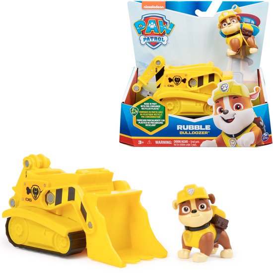 Paw Patrol Rubble Bulldozer speelgoedauto met Rubble figuur, in verpakking.