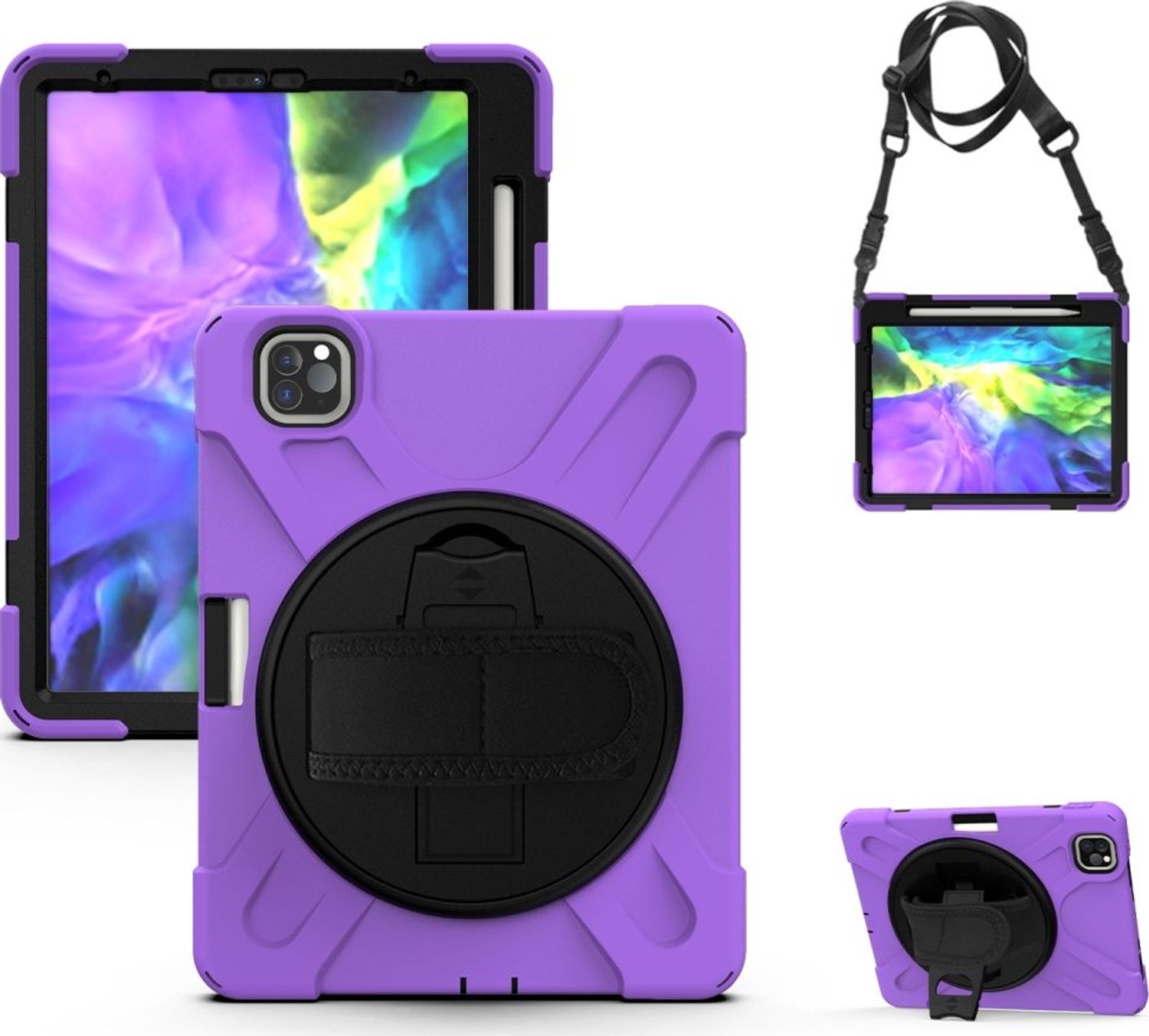 Mobigear SureGrip XGuard Tablethoes geschikt voor Apple iPad Pro 11 (2021) Hardcase Backcover + Stylus Houder + Schouderband + Standaard - Zwart / Paars