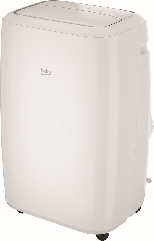 Witte Beko airconditioner met wieltjes en bedieningspaneel bovenop.