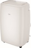 Witte Beko airconditioner met wieltjes en bedieningspaneel bovenop.