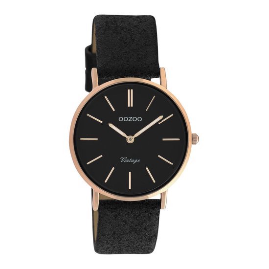 OOZOO Vintage series - rosé goudkleurige horloge met zwarte leren band - C20159 - Ø32
