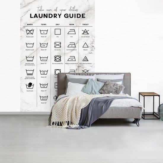 Behang - Fotobehang Wassymbolen - Wasvoorschriften - Marmer - Breedte 170 cm x hoogte 260 cm - Cadeau voor vrouw - Cadeau voor man