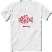 I Love Fishing - Vissen T-Shirt | Rood | Grappig Verjaardag Vis Hobby Cadeau Shirt | Dames - Heren - Unisex | Tshirt Hengelsport Kleding Kado - Wit - L