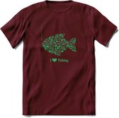 I Love Fishing - Vissen T-Shirt | Groen | Grappig Verjaardag Vis Hobby Cadeau Shirt | Dames - Heren - Unisex | Tshirt Hengelsport Kleding Kado - Burgundy - L