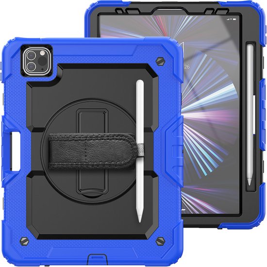 Geschikt Voor: iPad Pro 11 (2018 / 2020 / 2021) / Air 4 Tablet Kids case - Armor Case - Schermbeschermer - ShockProof - Handstrap - met Schouderband - Zwart / Blauw - ZT Accessoires