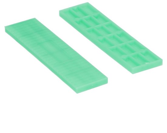 Twee groene rasterblokjes van 26x5mm met een geribbeld oppervlak.
