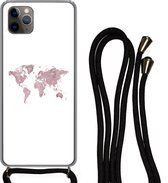 Hoesje met koord Geschikt voor iPhone 11 Pro Max - Wereldkaart - Roze - Wit - Siliconen - Crossbody - Backcover met Koord - Telefoonhoesje met koord - Hoesje met touw