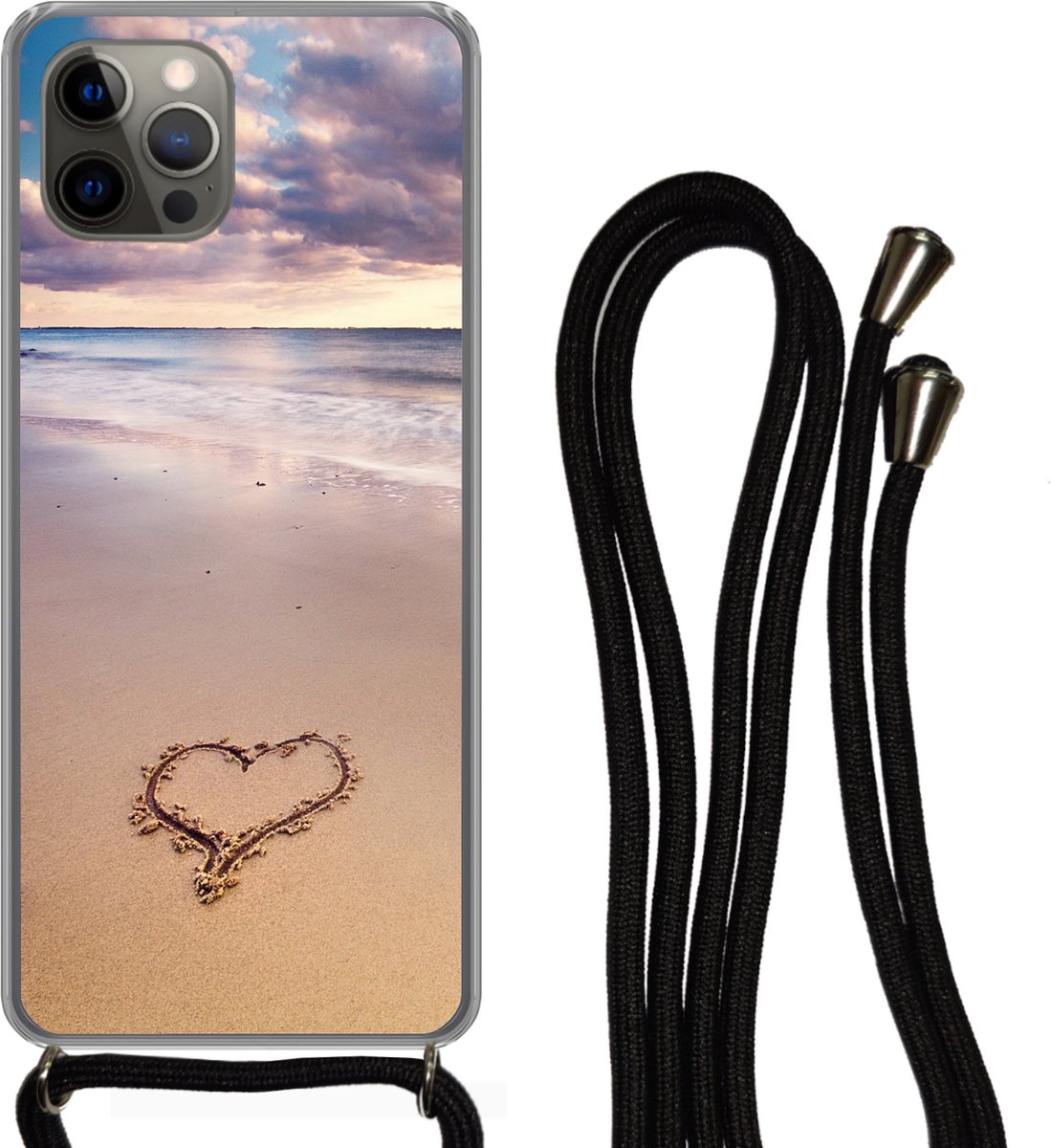 Telefoonhoesje Geschikt voor iPhone 12 pro crossbody - Hart op het strand in Nederland - Siliconen - Crossbody - Backcover met Koord - Telefoonhoesje met koord - Hoesje met touw Telefoonhoesje