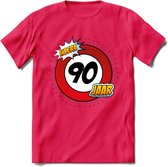 90 Jaar Hoera Verkeersbord T-Shirt | Grappig Verjaardag Cadeau | Dames - Heren | - Roze - M