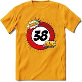 38 Jaar Hoera Verkeersbord T-Shirt | Grappig Verjaardag Cadeau | Dames - Heren | - Geel - L