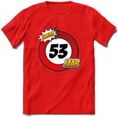 53 Jaar Hoera Verkeersbord T-Shirt | Grappig Verjaardag Cadeau | Dames - Heren | - Rood - L