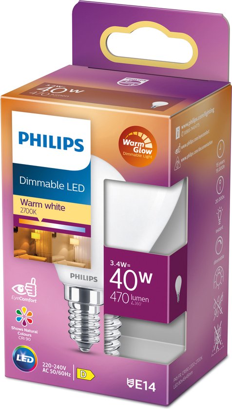 Lampe LED Philips, blanc mat, culot E14, avec emballage. L'emballage indique 'Warm Glow', 40W, 470 lumens, dimmable, blanc chaud 2700K.