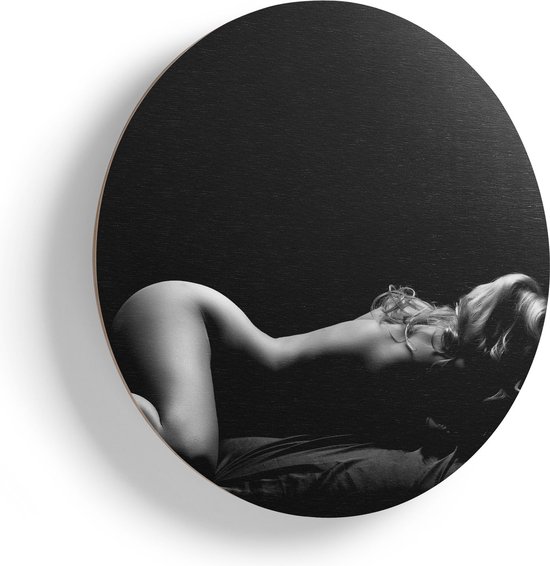 Artaza Houten Muurcirkel - Vrouw Naakt in Bed - Erotiek - Zwart Wit - Ø 75 cm - Multiplex Wandcirkel - Rond Schilderij