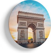 Artaza Houten Muurcirkel - Arc De Triomphe In Parijs Met Zonsondergang - Ø 60 cm - Multiplex Wandcirkel - Rond Schilderij