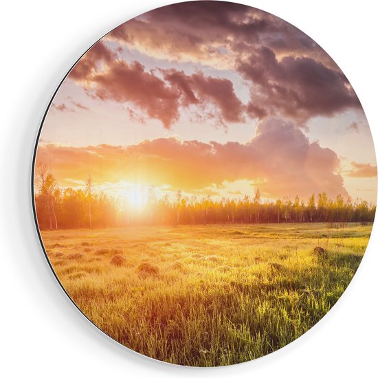 Artaza Dibond Muurcirkel Zonsopkomst In Het Veld - Ø 50 cm - Klein - Wandcirkel - Rond Schilderij - Voor Binnen en Buiten