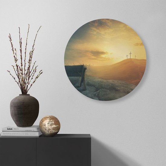 Artaza Dibond Muurcirkel Kribbe en Drie Kruisen  - Ø 60 cm - Wandcirkel - Rond Schilderij - Voor Binnen en Buiten