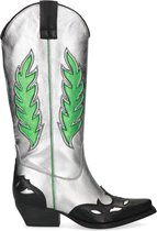Sacha - Dames - Zilverkleurige metallic cowboylaarzen met groene details - Maat 37