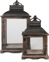 Lantaarns Set van 2 34*22*60 cm Bruin Ijzer, Glas, Hout Rechthoek Kaarsenhouder Sfeerverlichting