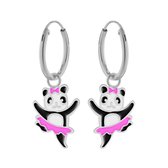 Zilveren oorringen met hanger, dansende panda met rokje