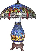 LumiLamp Tiffany Tafellamp Ø 46*65 cm E27/max 2*40W E14/max 1*7W Blauw, Rood Glas, Zink Tiffany Bureaulamp Tiffany Lampen