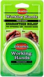 Groene verpakking van O'Keeffe's Working Hands Hand Cream. Toont een pot en 'Voor' en 'Na' afbeeldingen van handen.