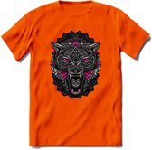 Wolf - Dieren Mandala T-Shirt | Roze | Grappig Verjaardag Zentangle Dierenkop Cadeau Shirt | Dames - Heren - Unisex | Wildlife Tshirt Kleding Kado | - Oranje - XXL