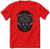 Wolf - Dieren Mandala T-Shirt | Roze | Grappig Verjaardag Zentangle Dierenkop Cadeau Shirt | Dames - Heren - Unisex | Wildlife Tshirt Kleding Kado | - Rood - XL
