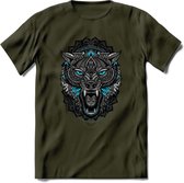 Wolf - Dieren Mandala T-Shirt | Lichtblauw | Grappig Verjaardag Zentangle Dierenkop Cadeau Shirt | Dames - Heren - Unisex | Wildlife Tshirt Kleding Kado | - Leger Groen - S