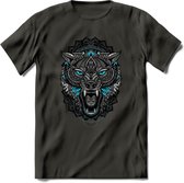 Wolf - Dieren Mandala T-Shirt | Lichtblauw | Grappig Verjaardag Zentangle Dierenkop Cadeau Shirt | Dames - Heren - Unisex | Wildlife Tshirt Kleding Kado | - Donker Grijs - L