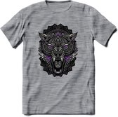 Wolf - Dieren Mandala T-Shirt | Paars | Grappig Verjaardag Zentangle Dierenkop Cadeau Shirt | Dames - Heren - Unisex | Wildlife Tshirt Kleding Kado | - Donker Grijs - Gemaleerd - 3