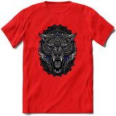 Wolf - Dieren Mandala T-Shirt | Donkerblauw | Grappig Verjaardag Zentangle Dierenkop Cadeau Shirt | Dames - Heren - Unisex | Wildlife Tshirt Kleding Kado | - Rood - 3XL