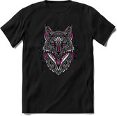 Vos - Dieren Mandala T-Shirt | Roze | Grappig Verjaardag Zentangle Dierenkop Cadeau Shirt | Dames - Heren - Unisex | Wildlife Tshirt Kleding Kado | - Zwart - 3XL