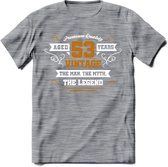 53 Jaar Legend T-Shirt | Goud - Wit | Grappig Verjaardag en Feest Cadeau Shirt | Dames - Heren - Unisex | Tshirt Kleding Kado | - Donker Grijs - Gemaleerd - 3XL