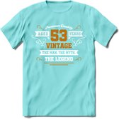 53 Jaar Legend T-Shirt | Goud - Wit | Grappig Verjaardag en Feest Cadeau Shirt | Dames - Heren - Unisex | Tshirt Kleding Kado | - Licht Blauw - XXL