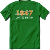 1947 Limited Edition T-Shirt | Goud - Zilver | Grappig Verjaardag en Feest Cadeau Shirt | Dames - Heren - Unisex | Tshirt Kleding Kado | - Donker Groen - M