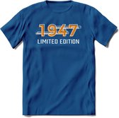 1947 Limited Edition T-Shirt | Goud - Zilver | Grappig Verjaardag en Feest Cadeau Shirt | Dames - Heren - Unisex | Tshirt Kleding Kado | - Donker Blauw - M