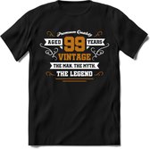 99 Jaar Legend T-Shirt | Goud - Wit | Grappig Verjaardag en Feest Cadeau Shirt | Dames - Heren - Unisex | Tshirt Kleding Kado | - Zwart - S