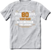 80 Jaar Legend T-Shirt | Goud - Wit | Grappig Verjaardag en Feest Cadeau Shirt | Dames - Heren - Unisex | Tshirt Kleding Kado | - Licht Grijs - Gemaleerd - XXL