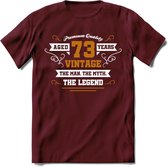73 Jaar Legend T-Shirt | Goud - Wit | Grappig Verjaardag en Feest Cadeau Shirt | Dames - Heren - Unisex | Tshirt Kleding Kado | - Burgundy - S