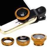 Multifunctionele 3 in 1 telefoon lens kit - Fish lens + macrolens + groothoeklens - Universele fish eye lens - Goud