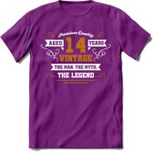 14 Jaar Legend T-Shirt | Goud - Wit | Grappig Verjaardag en Feest Cadeau Shirt | Dames - Heren - Unisex | Tshirt Kleding Kado | - Paars - XXL