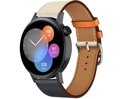 Strap-it Kunst leren smartwatch bandje - geschikt voor Huawei Watch GT 2 42mm / GT 3 42mm / GT 3 Pro 43mm - donkerblauw/ivoor wit