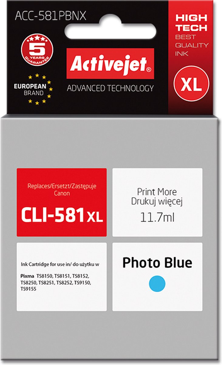 ActiveJet ACC-581PBNX inkt (CLI-581PB XL vervanging; Supreme; 11,70 ml; Fotoblauw) Foto blauw