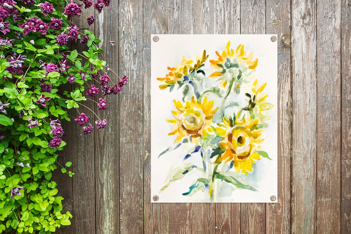 Tuin decoratie Zonnebloem - Schilderij - Waterverf - 30x40 cm - Tuindoek