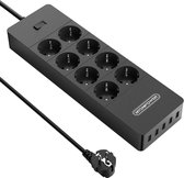 Meervoudige stekkerdoos wandmontage, 8-voudige stekkerdoos adapter met 5 USB, 4000W 16A, 1700Joule overspanningsbeveiliging, 1,5m koperen kabel - zwart, MULTI-WAY