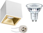 Opbouwspot Set - Prima Cliron Pro - GU10 Fitting - Opbouw Vierkant - Mat Wit/Goud - Verdiept - 90mm - Philips - CorePro 830 36D - 4.6W - Warm Wit 3000K