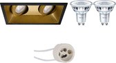 LED Spot Set - Prima Zano Pro - GU10 Fitting - Inbouw Rechthoek Dubbel - Mat Zwart/Goud - Kantelbaar - 185x93mm - Philips - CorePro 827 36D - 3.5W - Warm Wit 2700K