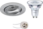 LED Spot Set - Luxino Delton Pro - GU10 Fitting - Inbouw Rond - Mat Zilver - Kantelbaar - Ø82mm - Philips - CorePro 827 36D - 5W - Warm Wit 2700K - Dimbaar