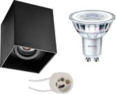 Opbouwspot Set - Luxino Luxina Pro - GU10 Fitting - Opbouw Vierkant - Mat Zwart - Verdiept - Kantelbaar - 90mm - Philips - CorePro 827 36D - 3.5W - Warm Wit 2700K